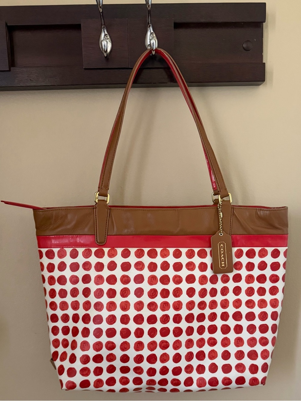 Coach Red and Brown Polka Dot Tote